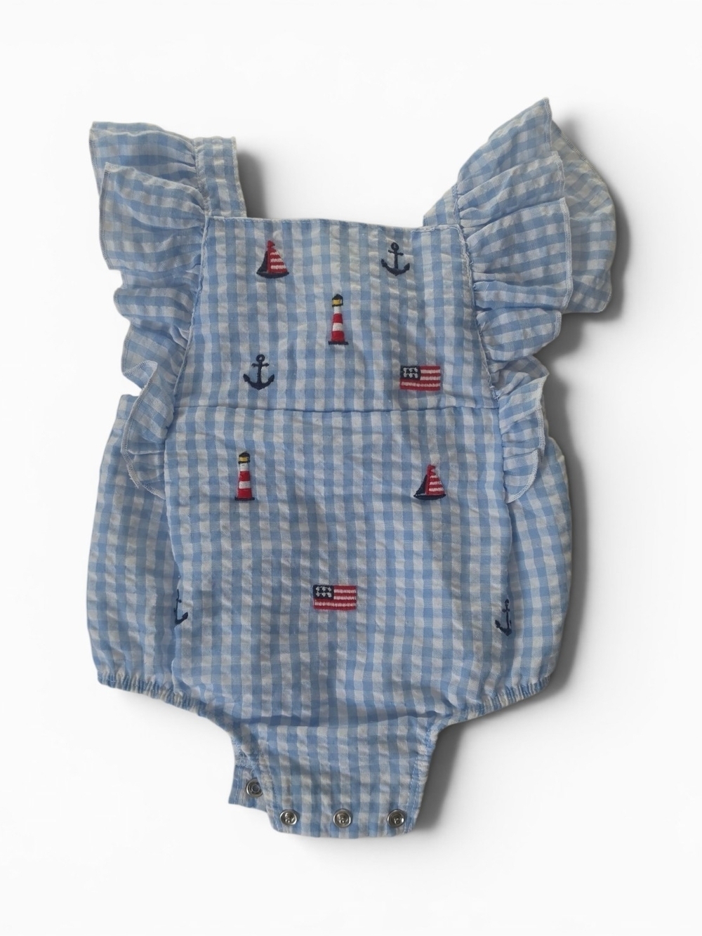 Mud Pie Baby Americana Gingham Bubble Romper 4th of July Embroidered Nautical